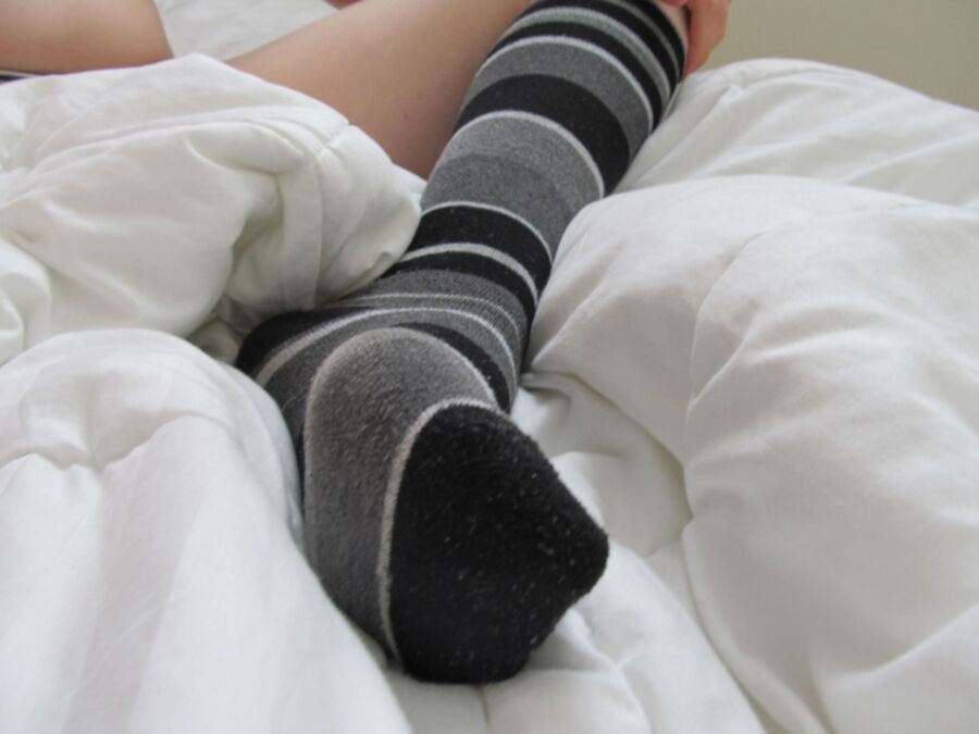 Cute Feet in Grey Striped Socks