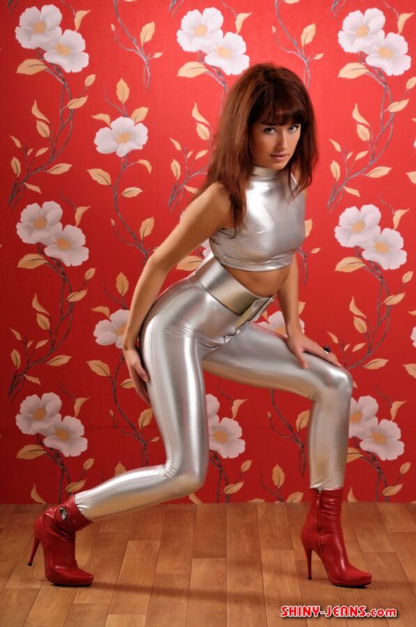 Alyona - Shiny Silver Spandex and Red Ankle Boots