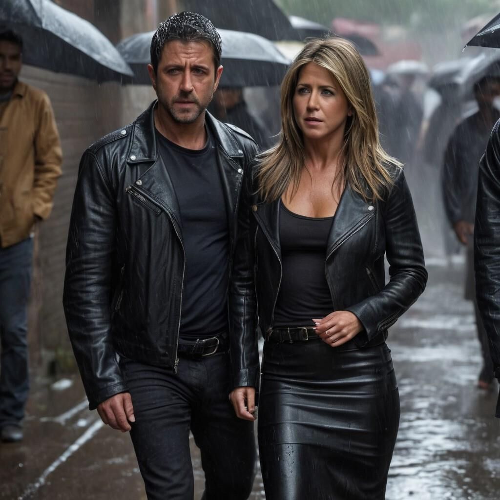 A.I. Jennifer Aniston em couro na favela