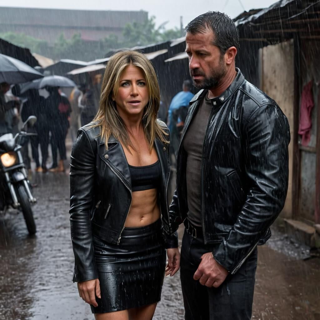 A.I. Jennifer Aniston em couro na favela