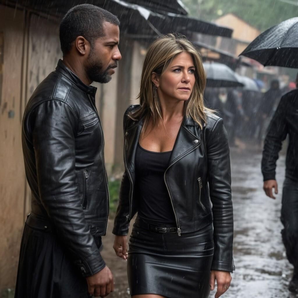 A.I. Jennifer Aniston em couro na favela