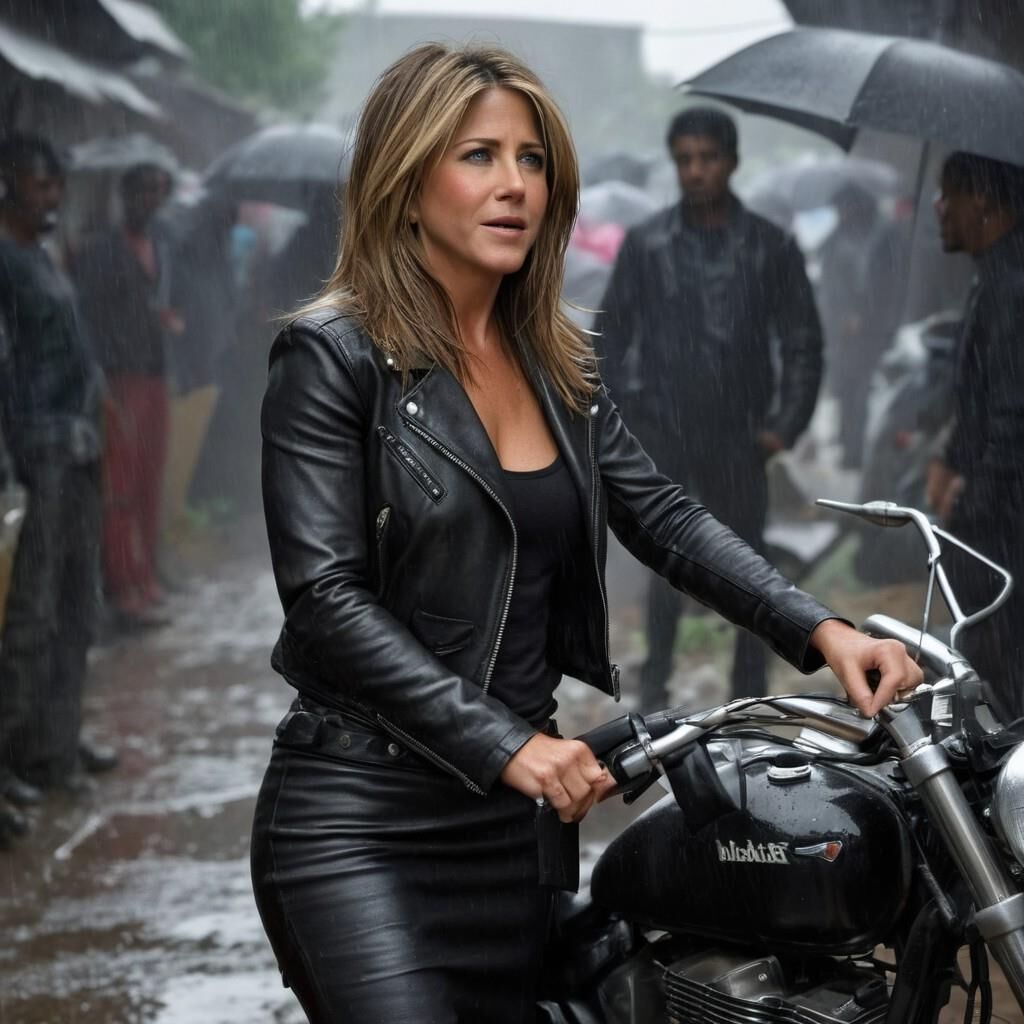 A.I. Jennifer Aniston em couro na favela