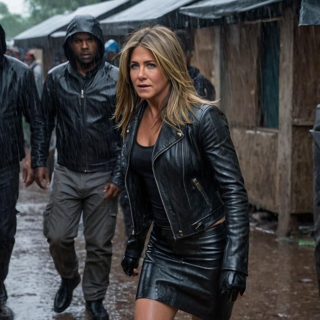 A.I. Jennifer Aniston em couro na favela