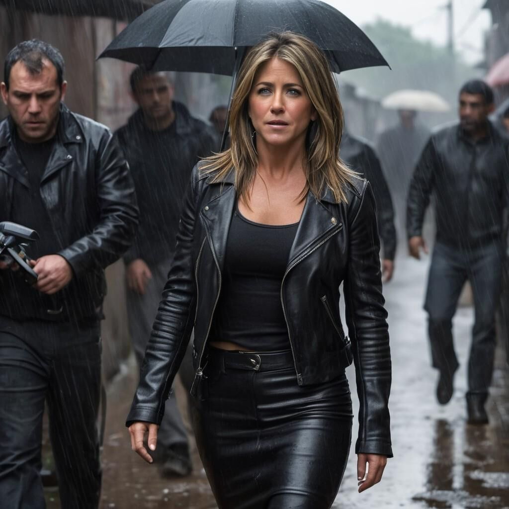 A.I. Jennifer Aniston em couro na favela