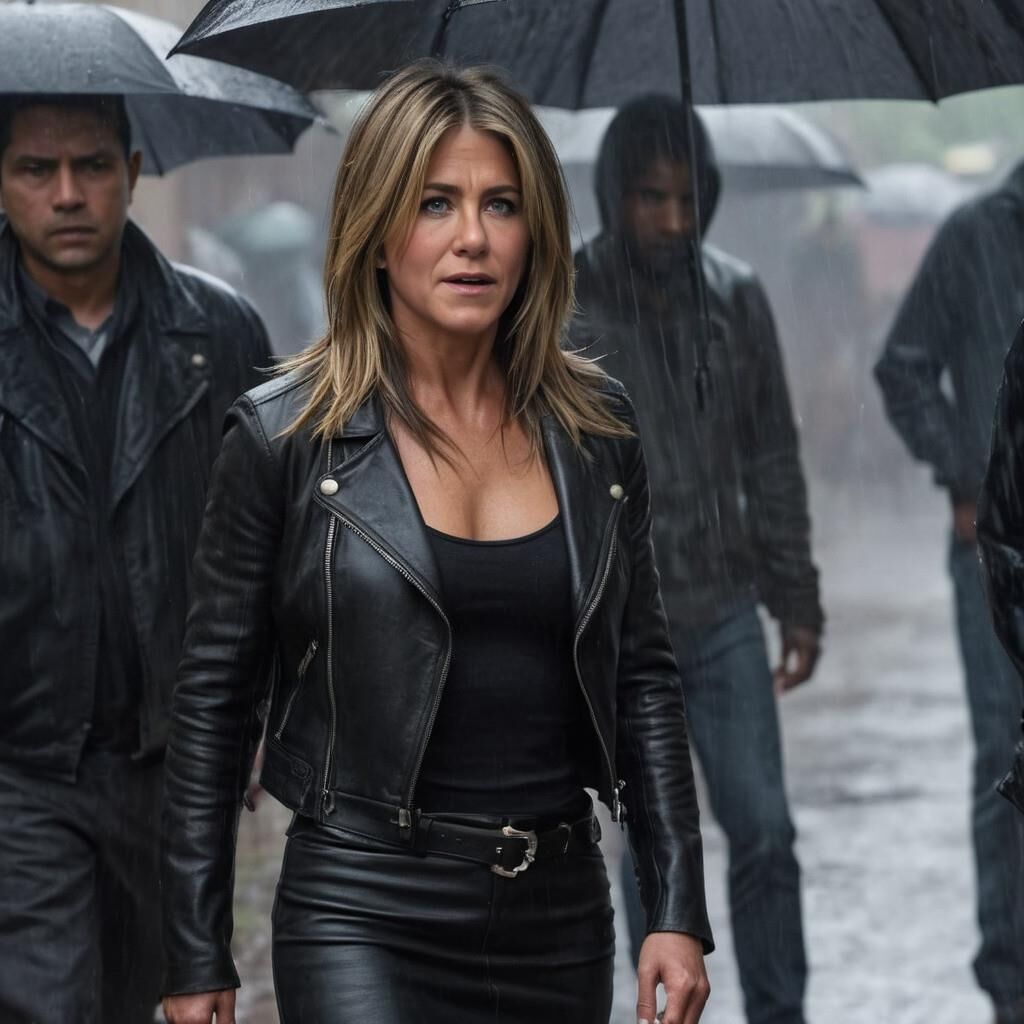 A.I. Jennifer Aniston em couro na favela