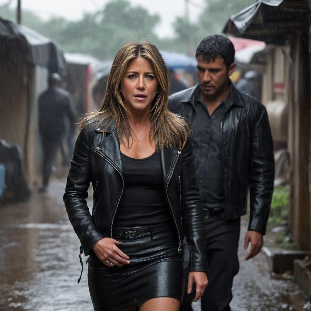 A.I. Jennifer Aniston em couro na favela