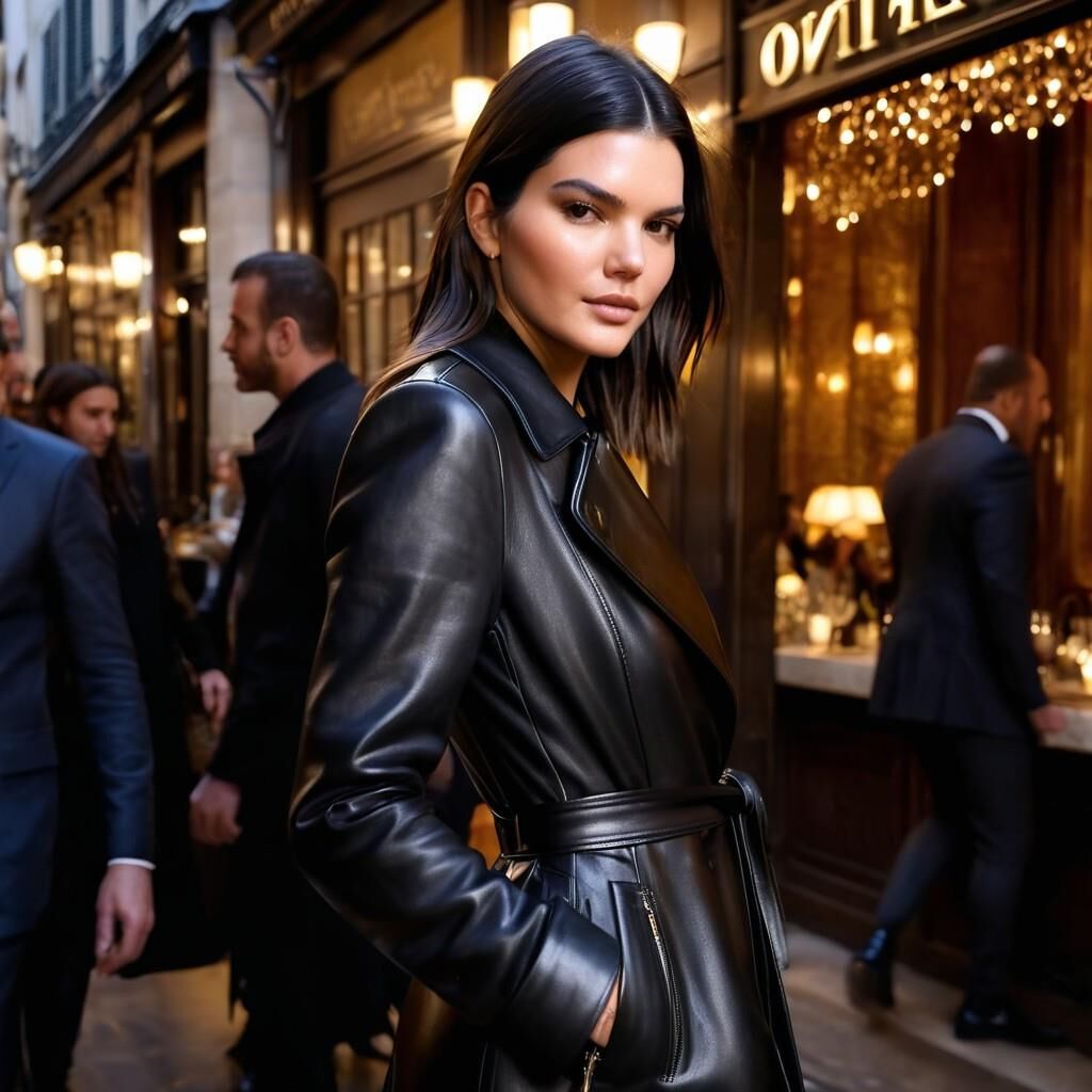 A.I. Kendall Jenner con abrigo de cuero