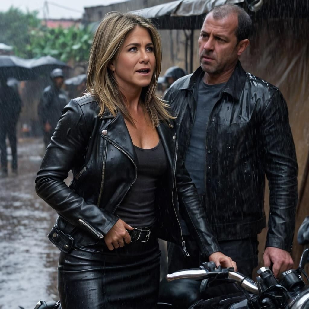 A.I. Jennifer Aniston em couro na favela