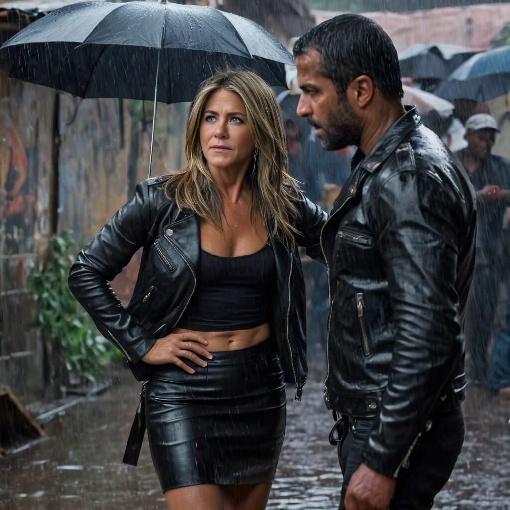 A.I. Jennifer Aniston em couro na favela