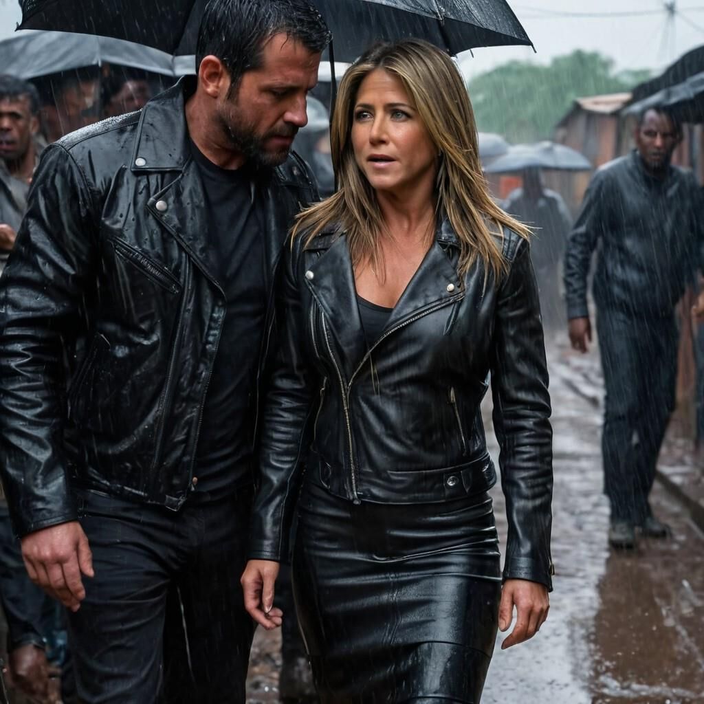 A.I. Jennifer Aniston em couro na favela