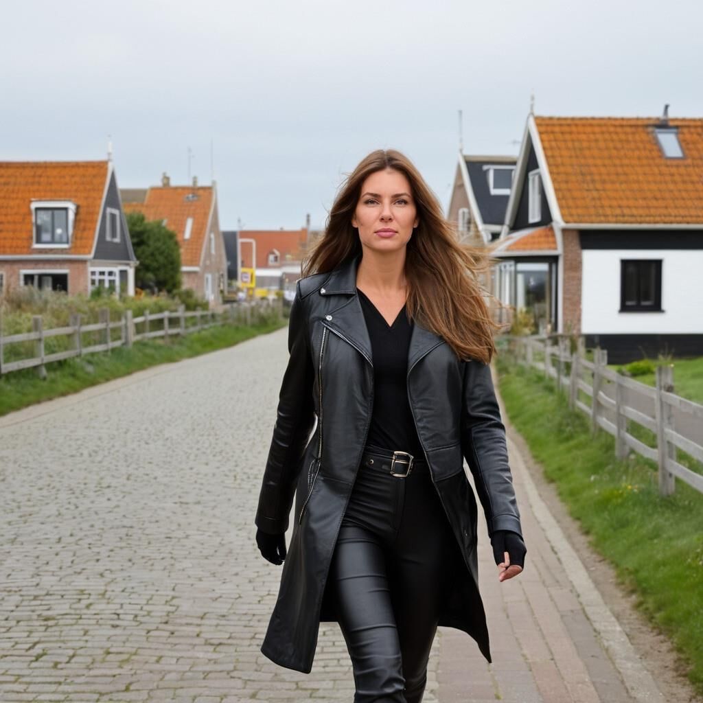 A.I. Greetje en cuero caminando en el pueblo holandés llamado "Urk".