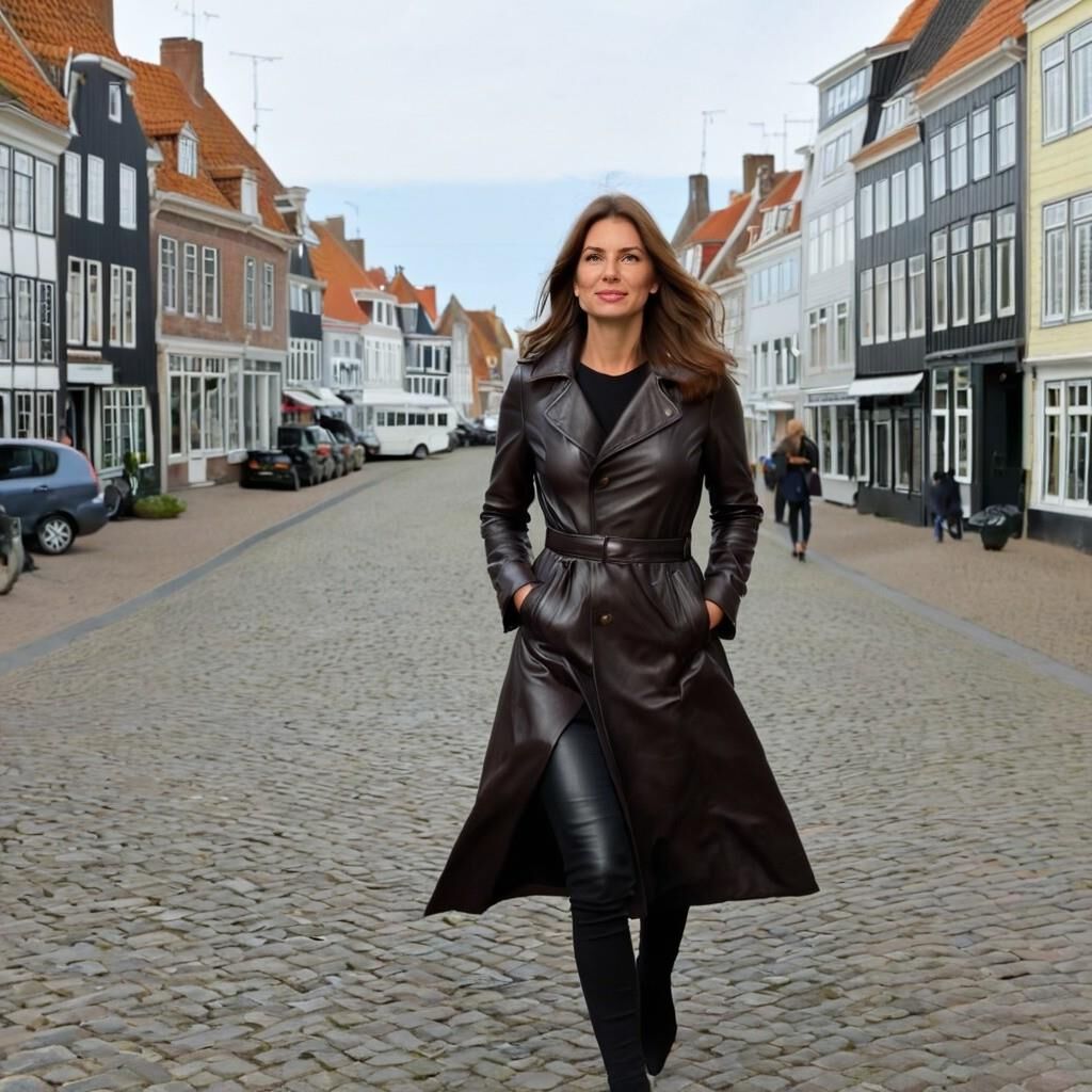 A.I. Greetje en cuero caminando en el pueblo holandés llamado "Urk".