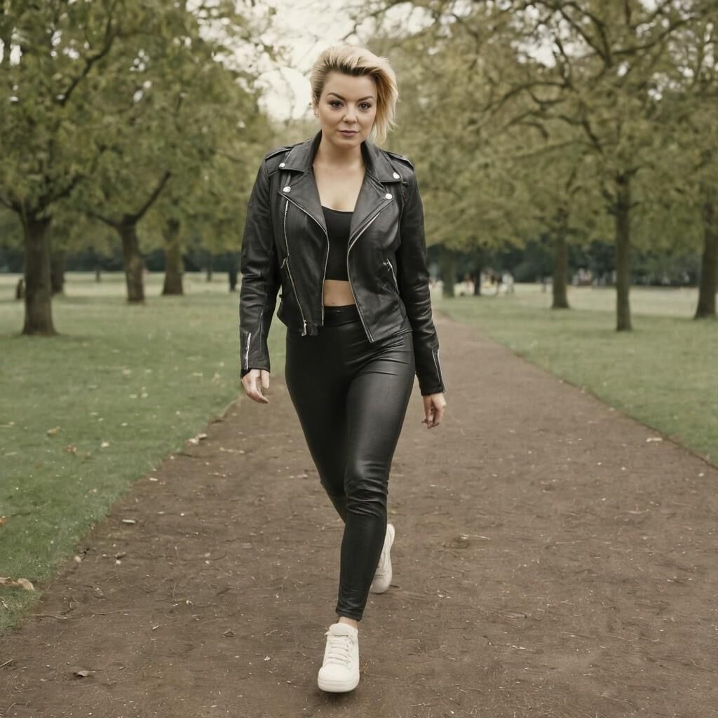 A.I. Sheridan Smith faisant du jogging en cuir dans le parc