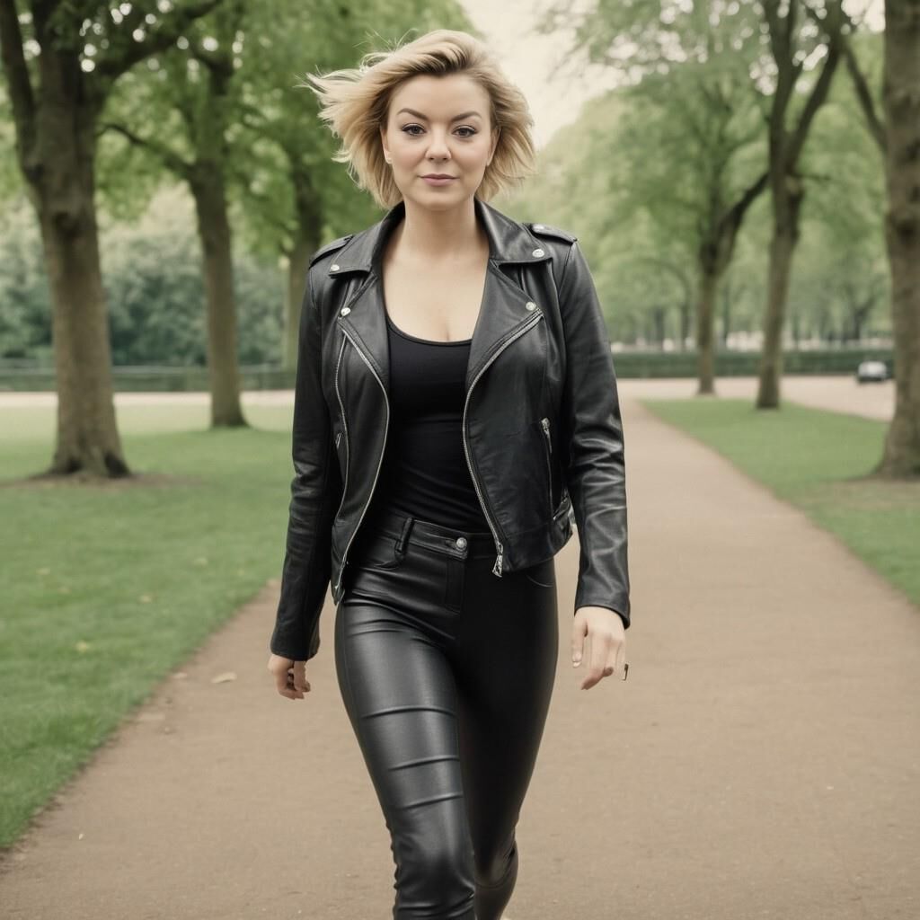 A.I. Sheridan Smith faisant du jogging en cuir dans le parc