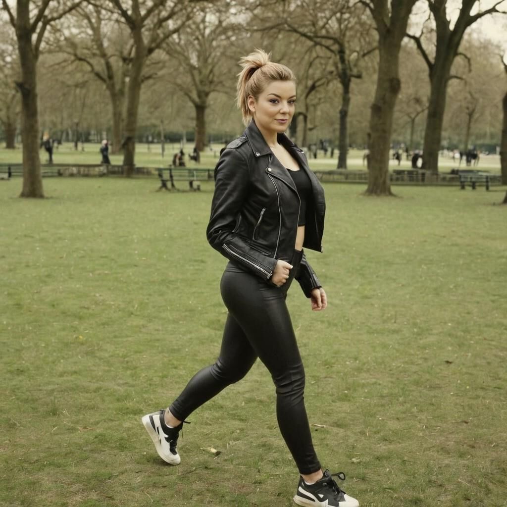 A.I. Sheridan Smith faisant du jogging en cuir dans le parc