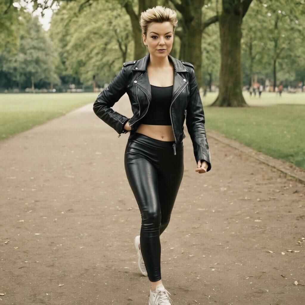 A.I. Sheridan Smith faisant du jogging en cuir dans le parc