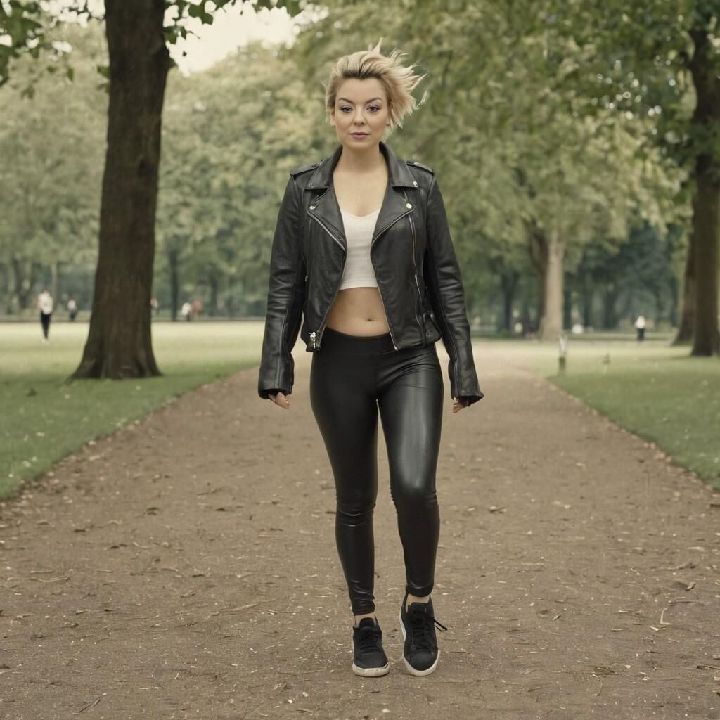 A.I. Sheridan Smith faisant du jogging en cuir dans le parc