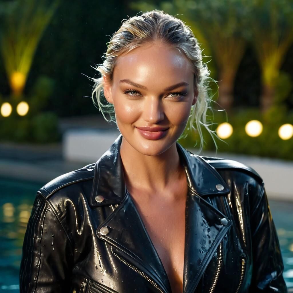 A.I. Candice Swanepoel en cuero en una piscina