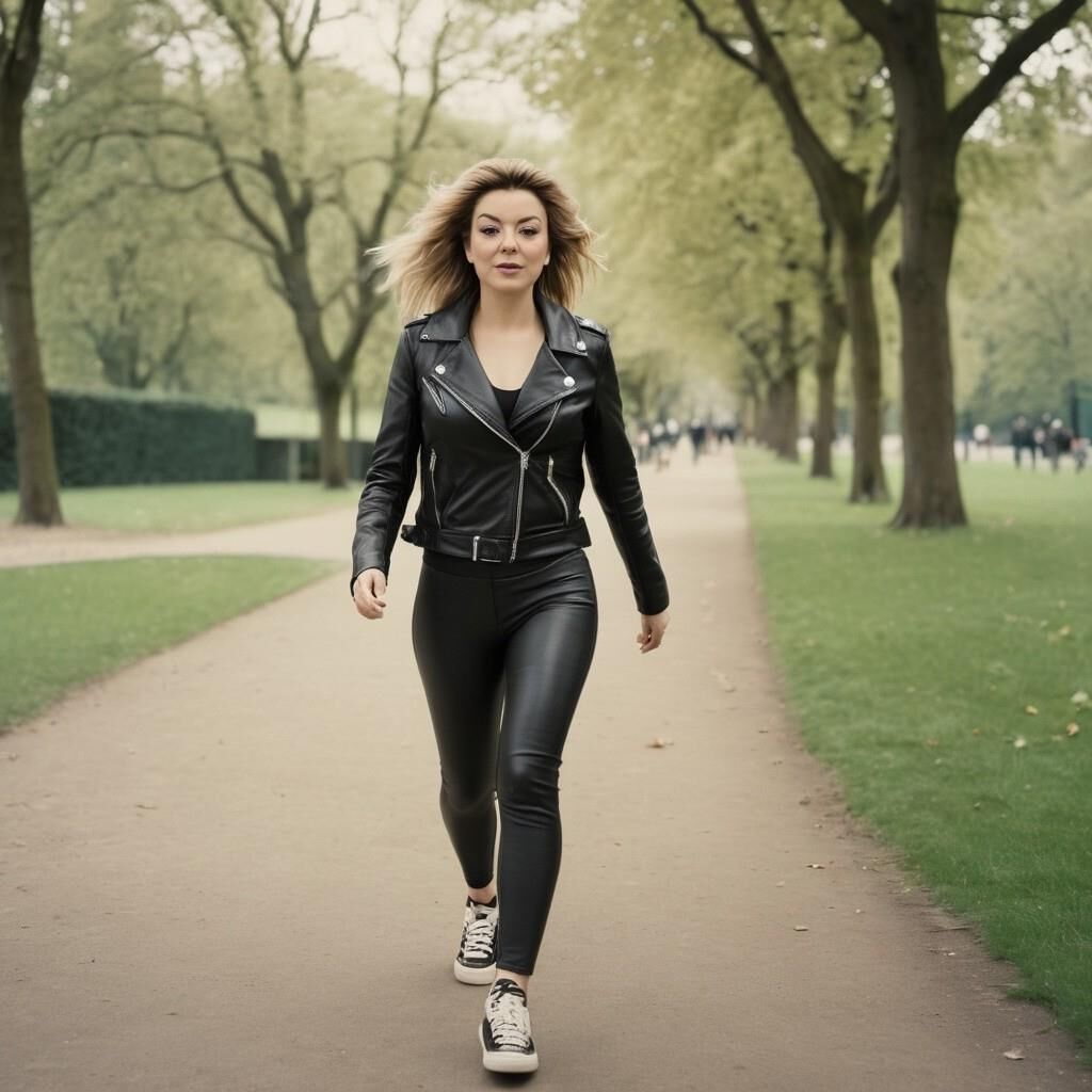 A.I. Sheridan Smith faisant du jogging en cuir dans le parc