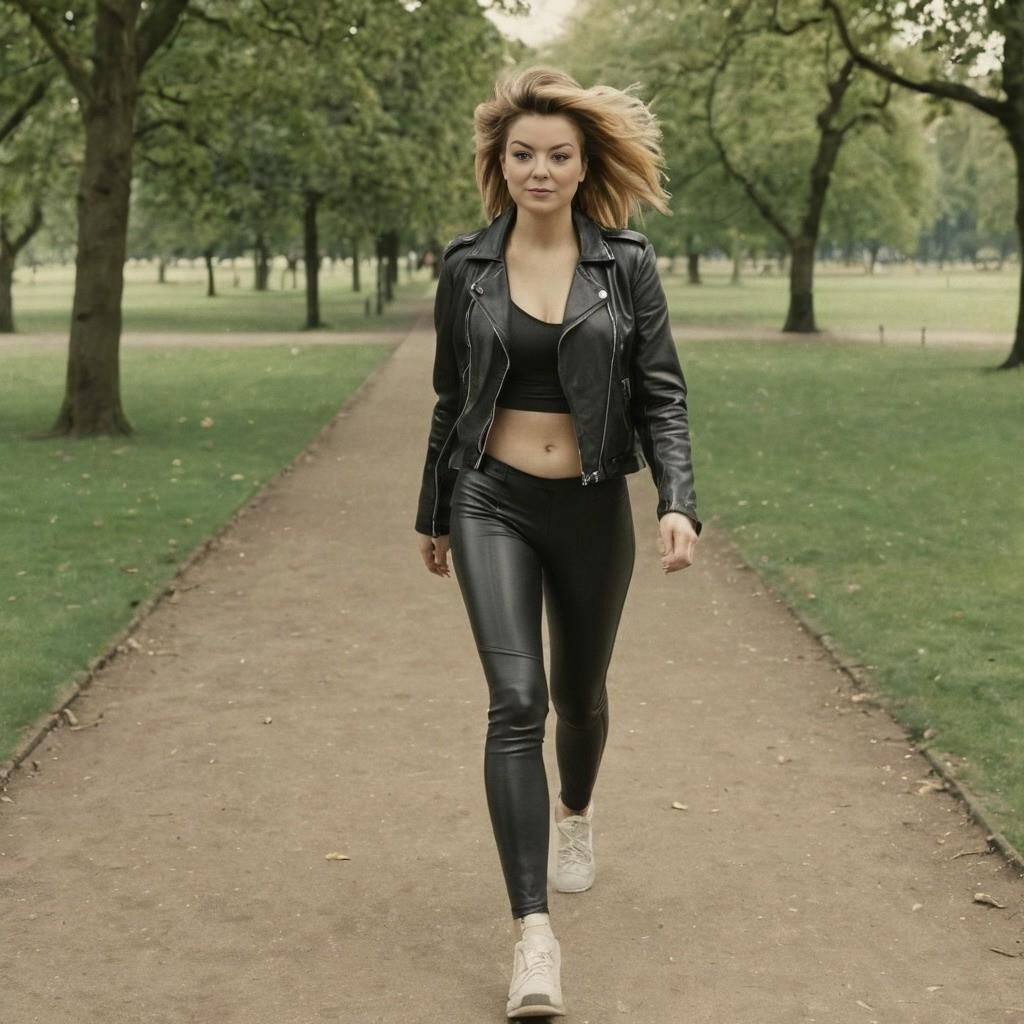 A.I. Sheridan Smith faisant du jogging en cuir dans le parc