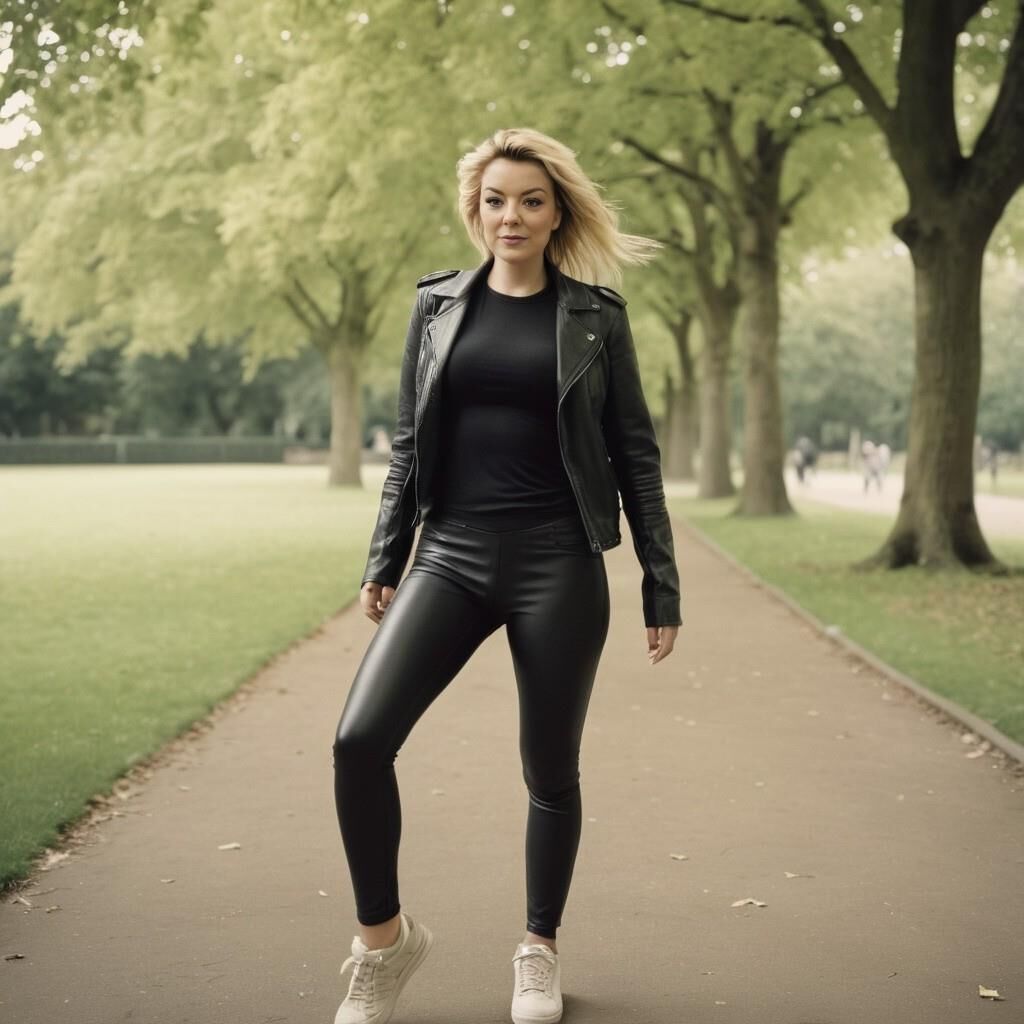 A.I. Sheridan Smith faisant du jogging en cuir dans le parc