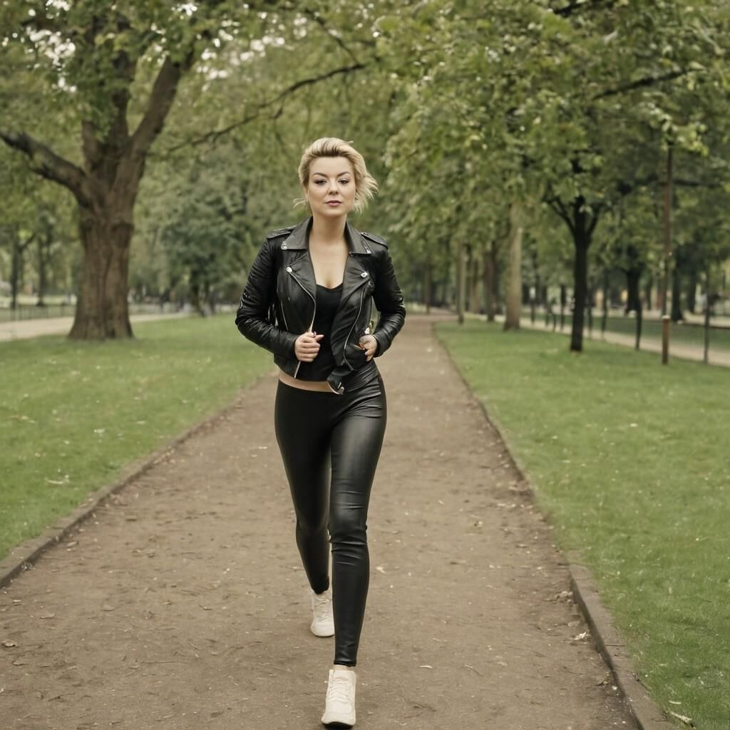 A.I. Sheridan Smith faisant du jogging en cuir dans le parc