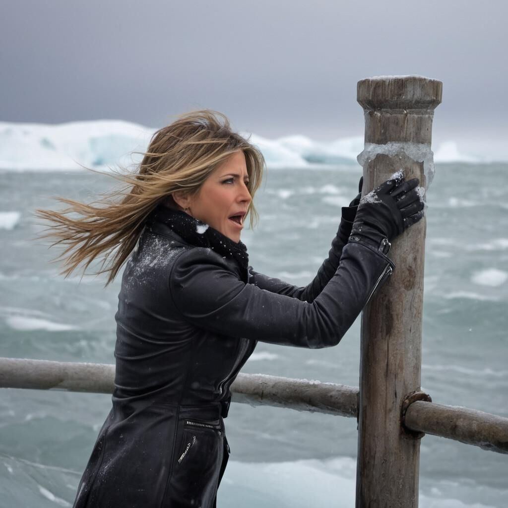 K.I. Jennifer Aniston in der Kälte in Leder.