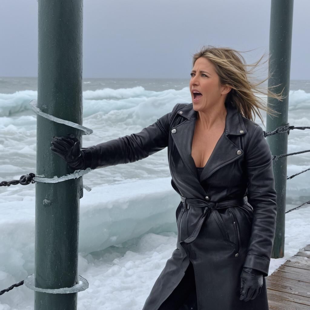 K.I. Jennifer Aniston in der Kälte in Leder.