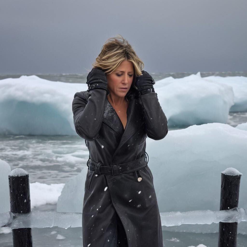 A.I. Jennifer Aniston dans le froid en cuir.