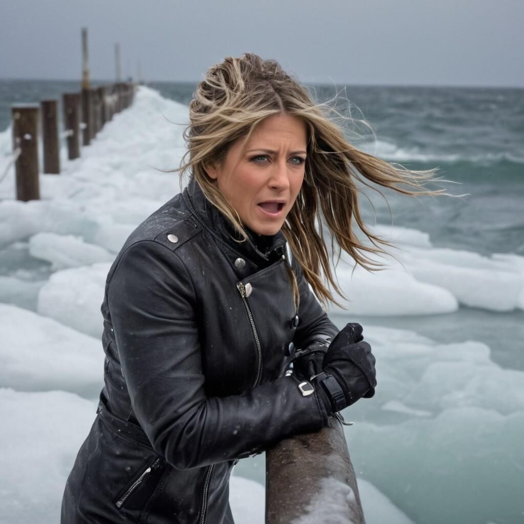 K.I. Jennifer Aniston in der Kälte in Leder.