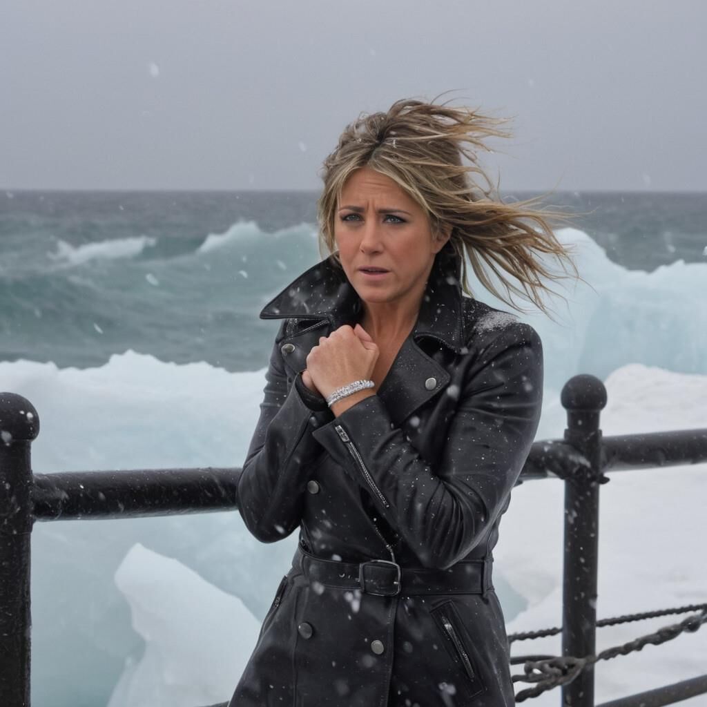 A.I. Jennifer Aniston dans le froid en cuir.