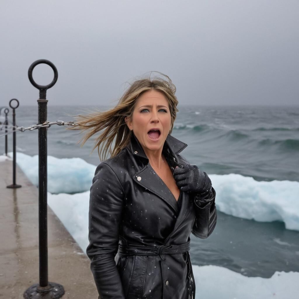 A.I. Jennifer Aniston dans le froid en cuir.