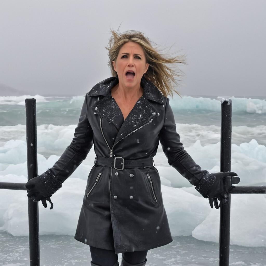 K.I. Jennifer Aniston in der Kälte in Leder.