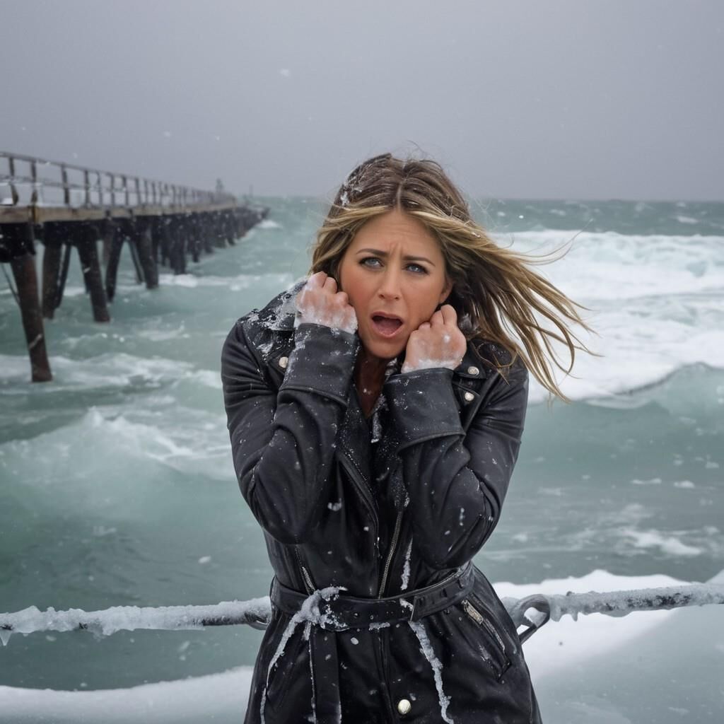 K.I. Jennifer Aniston in der Kälte in Leder.