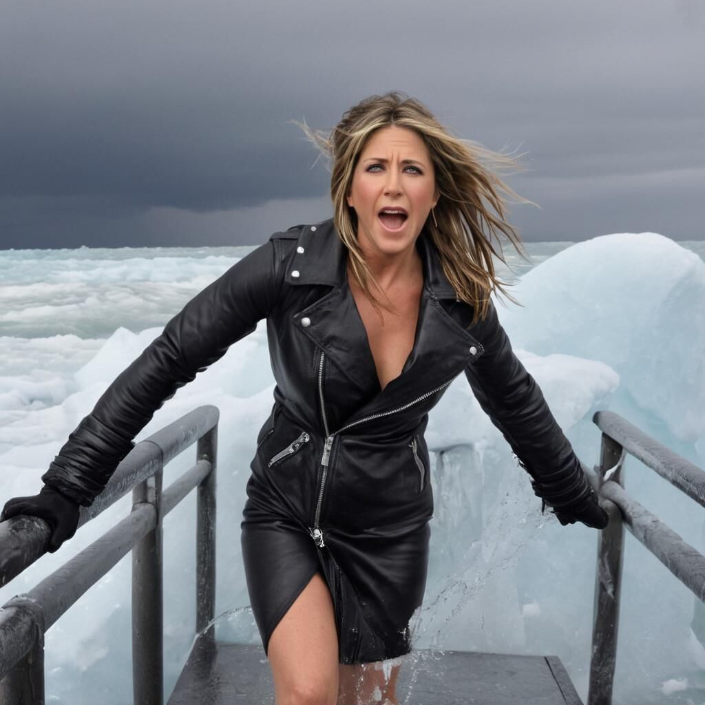 A.I. Jennifer Aniston dans le froid en cuir.