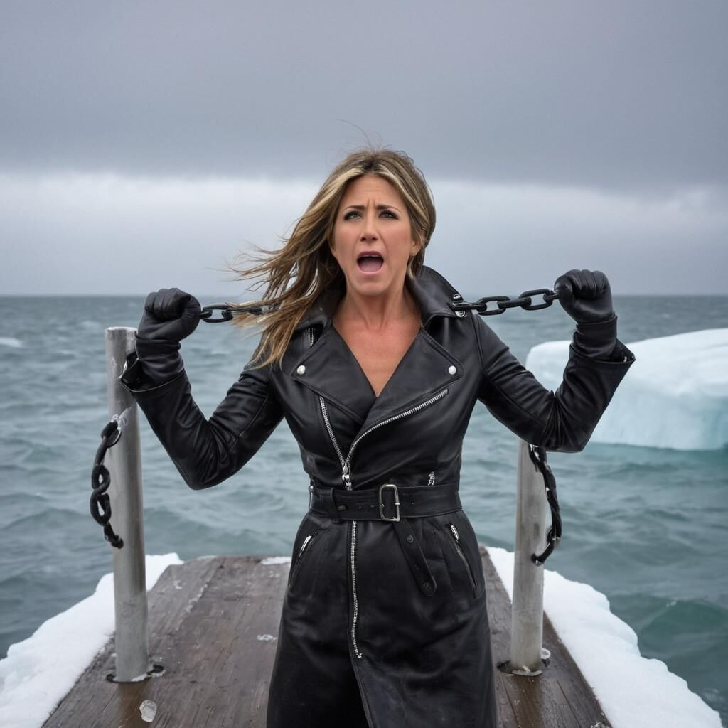 K.I. Jennifer Aniston in der Kälte in Leder.