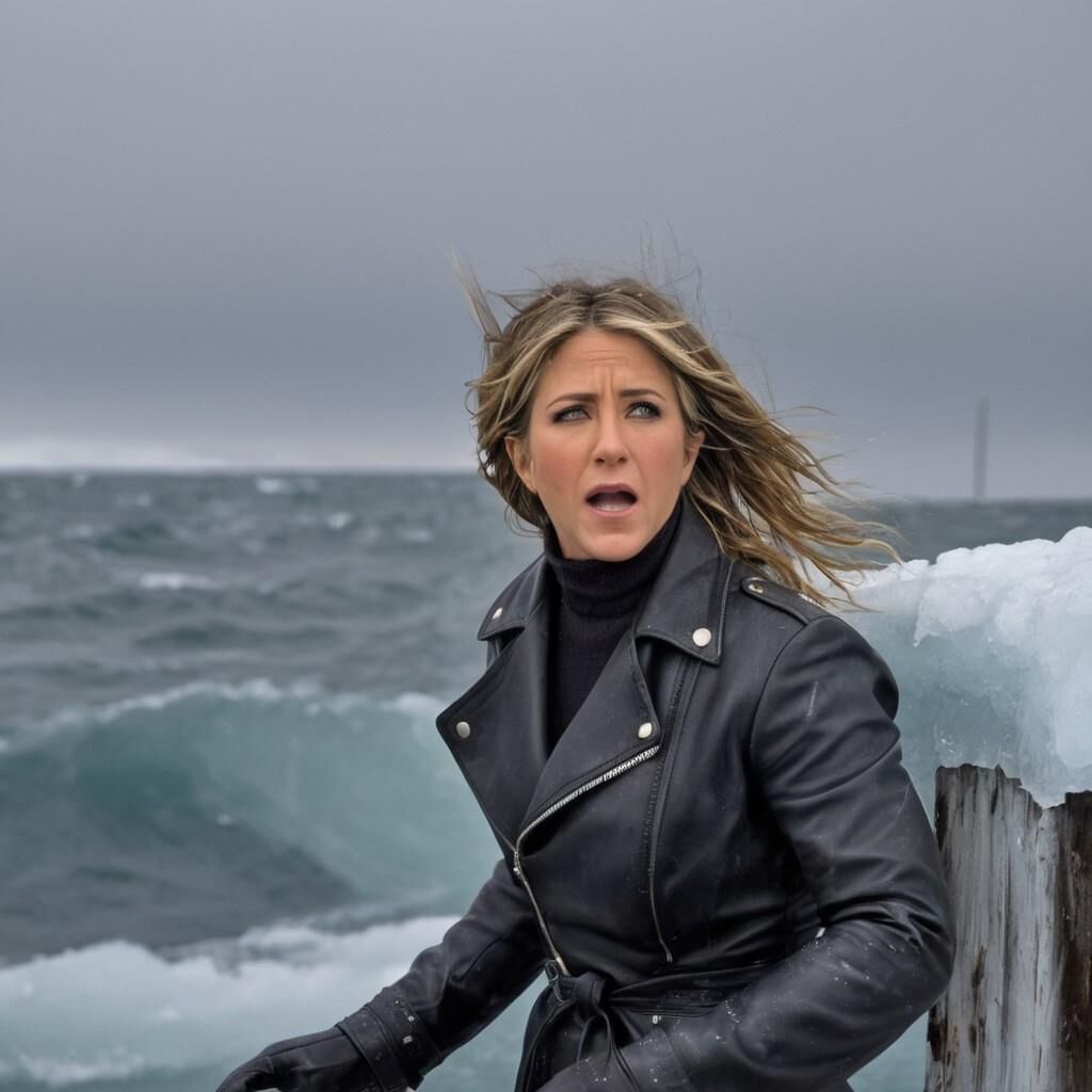 K.I. Jennifer Aniston in der Kälte in Leder.