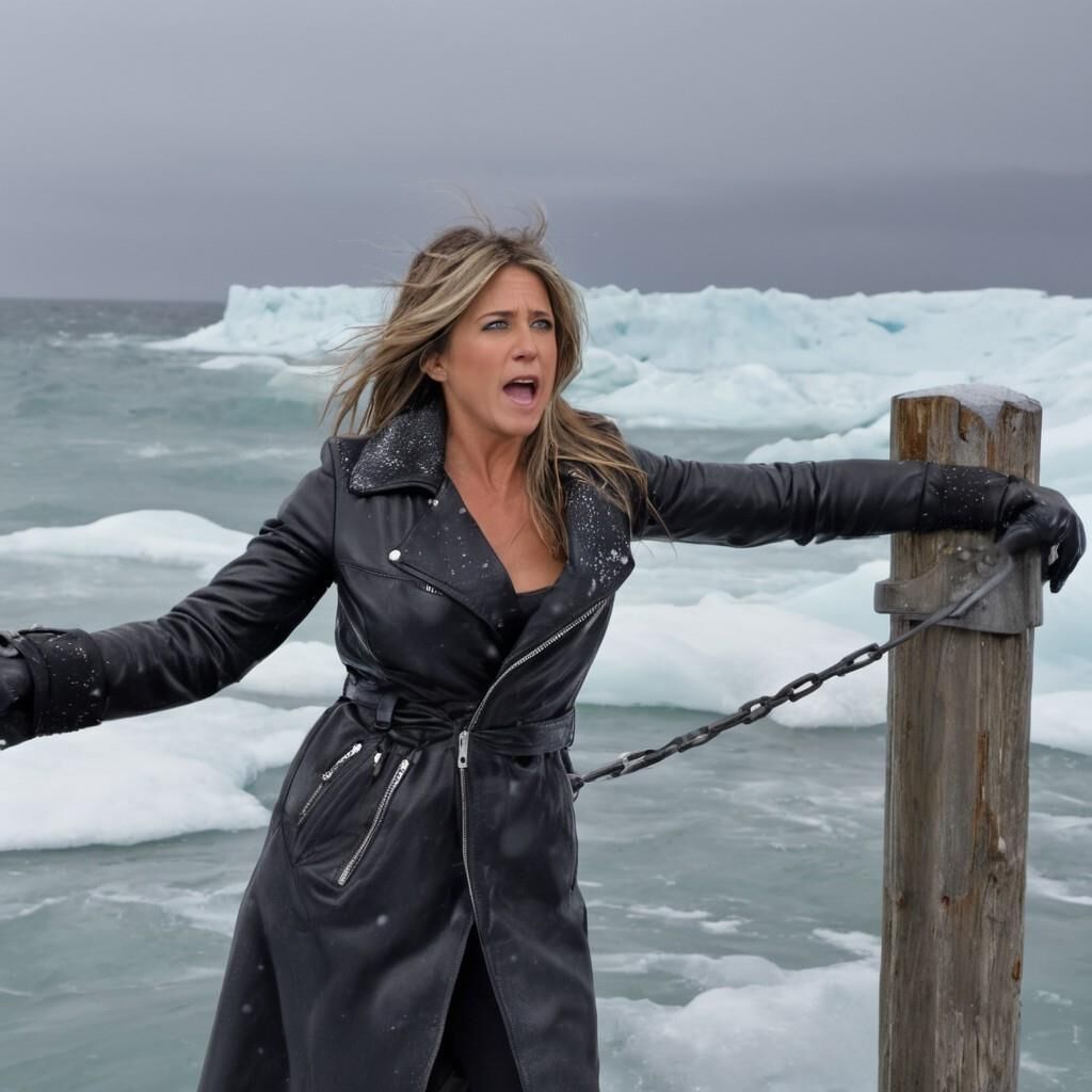 A.I. Jennifer Aniston dans le froid en cuir.