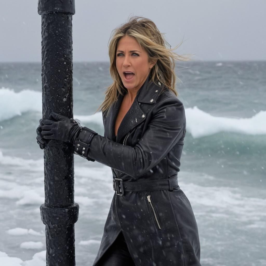 K.I. Jennifer Aniston in der Kälte in Leder.