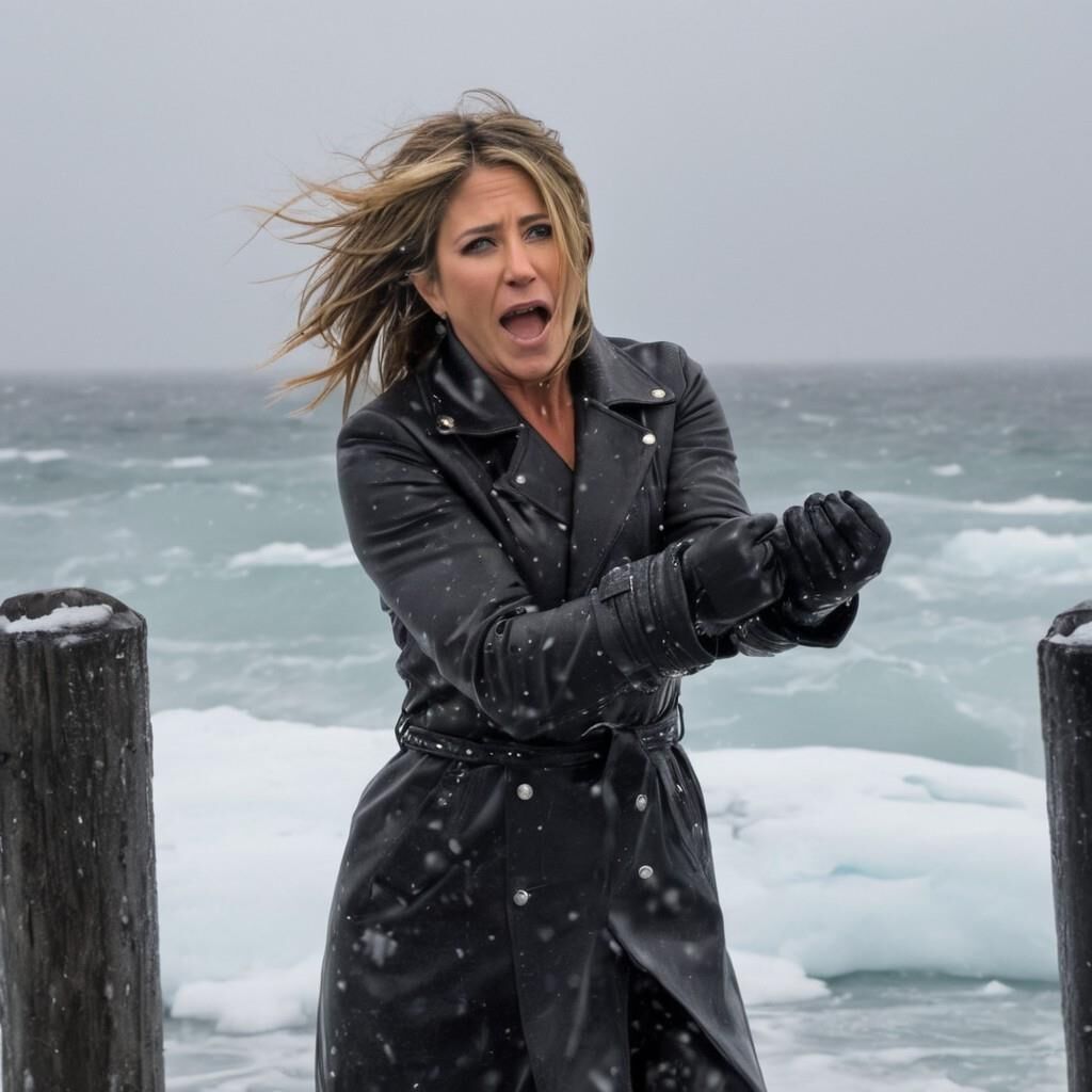 K.I. Jennifer Aniston in der Kälte in Leder.