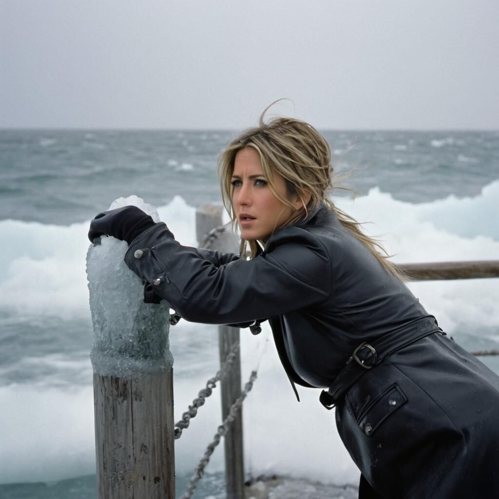 K.I. Jennifer Aniston in der Kälte in Leder.