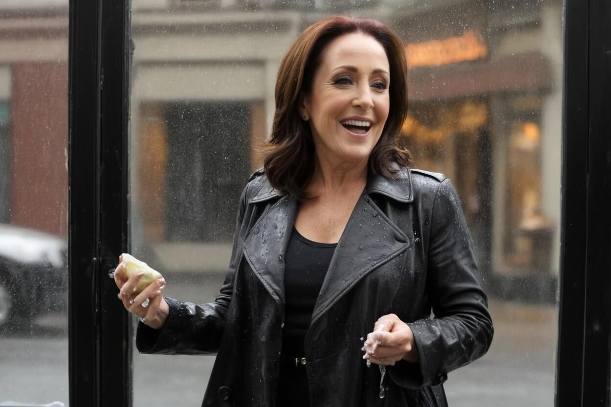 A.I. Patricia Heaton; Window Washing im schwarzen Leder-Trenchcoat