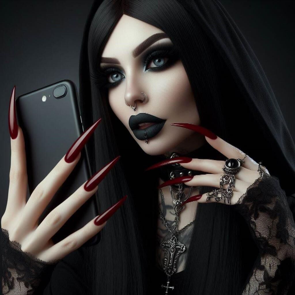 AI Goth Babe Selfies com unhas compridas