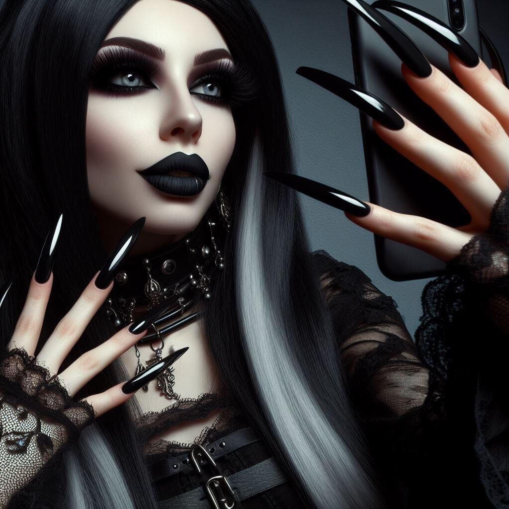 AI Goth Babe Selfies com unhas compridas