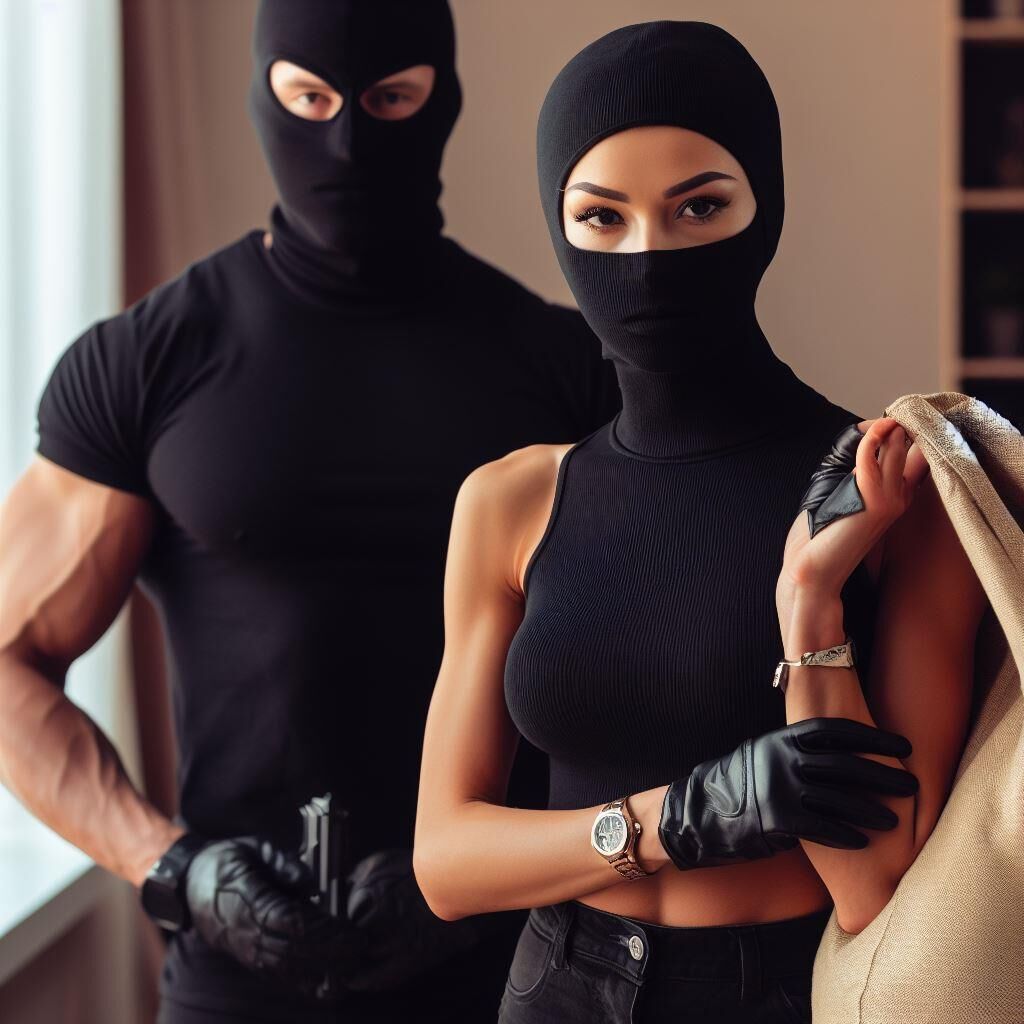 Burglars wearing sleeveless turtlenecks and metal watches