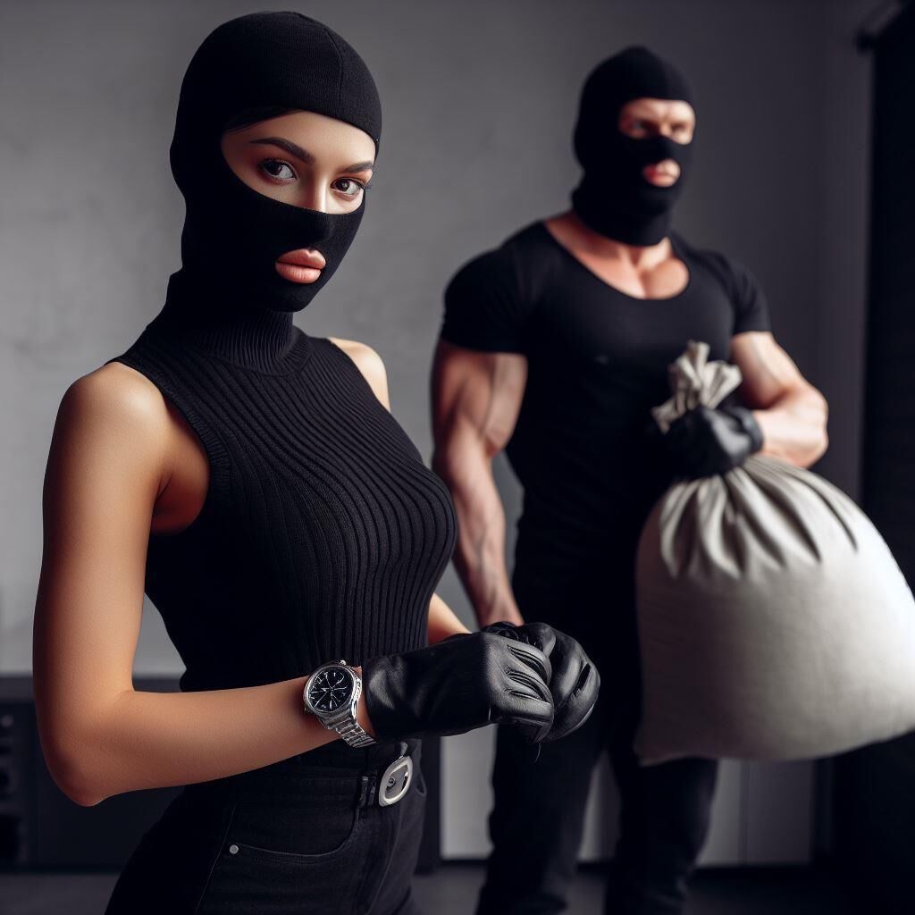 Burglars wearing sleeveless turtlenecks and metal watches