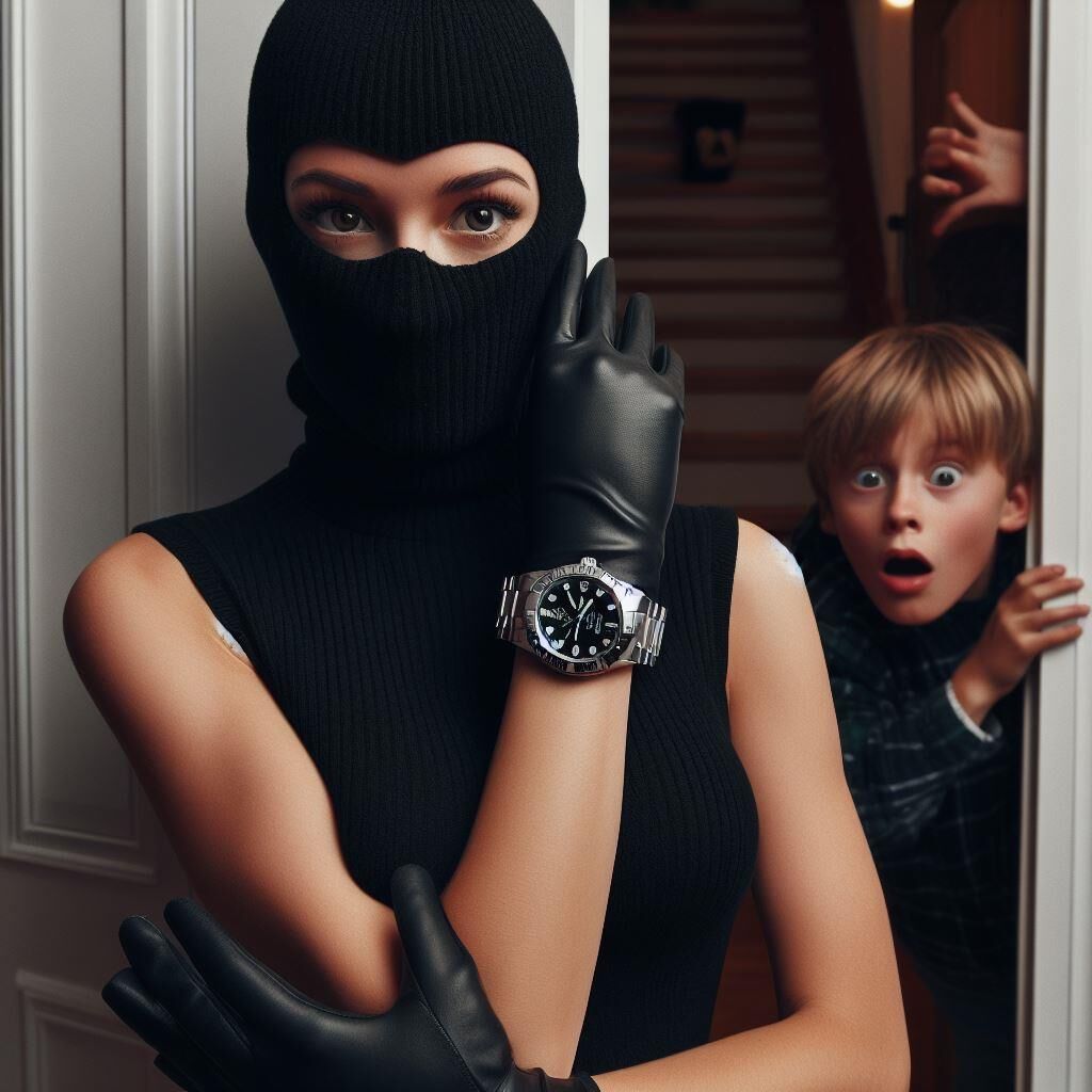 Burglars wearing sleeveless turtlenecks and metal watches