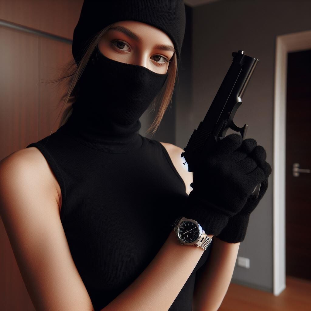 Burglars wearing sleeveless turtlenecks and metal watches