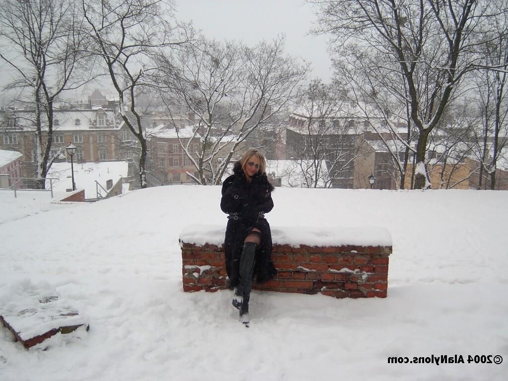 Fur coat, nylons and boots in the snow