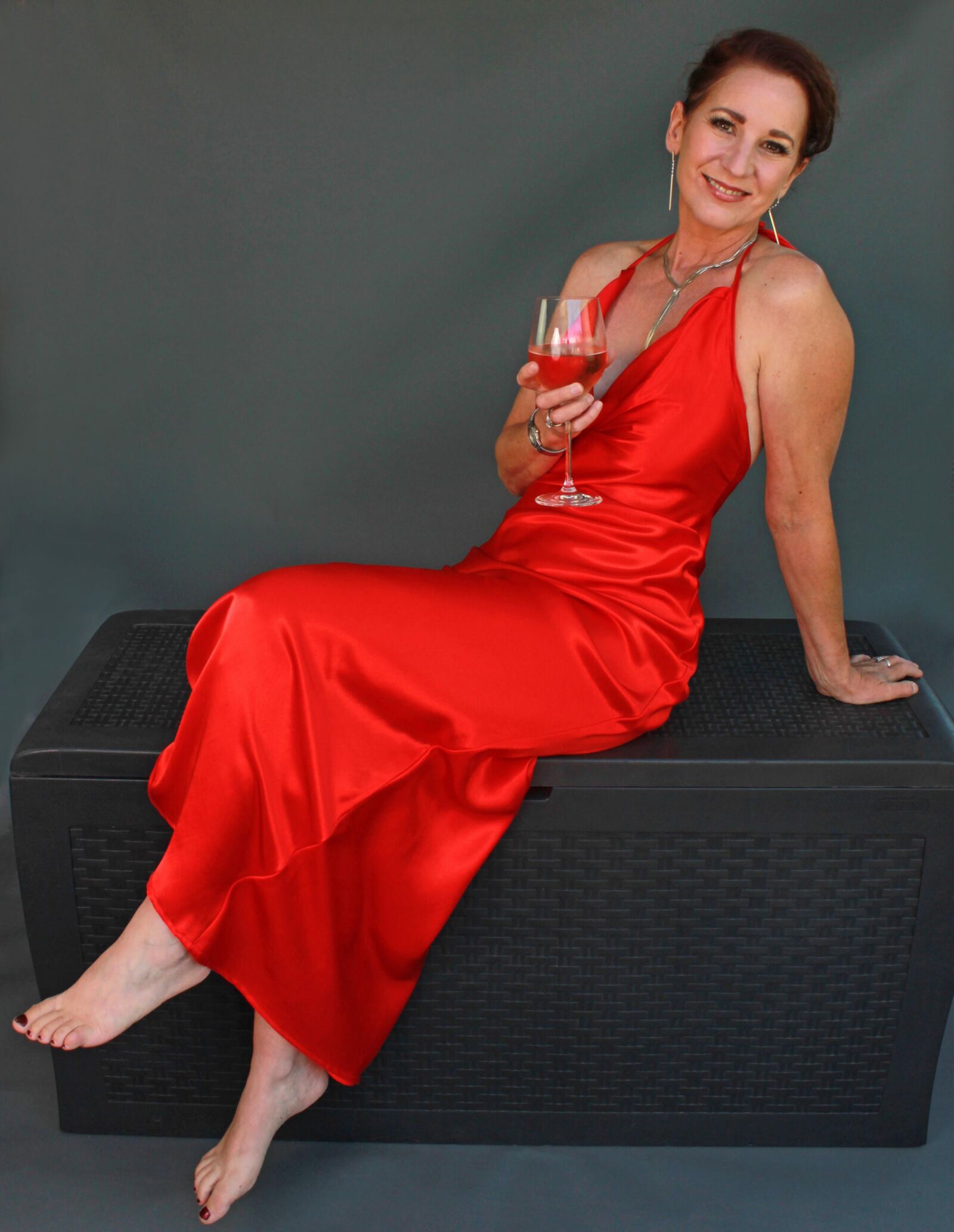 Mature fuckpig wining and reclining in red satin (NN)